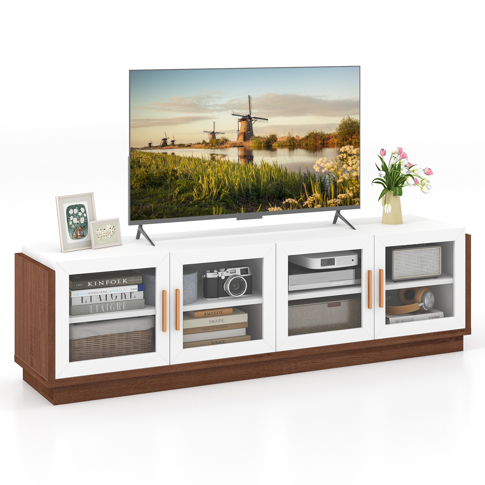 Large TV Stand for TVs up to 75″ Console Table w/ 4 Tempered Glass Doors