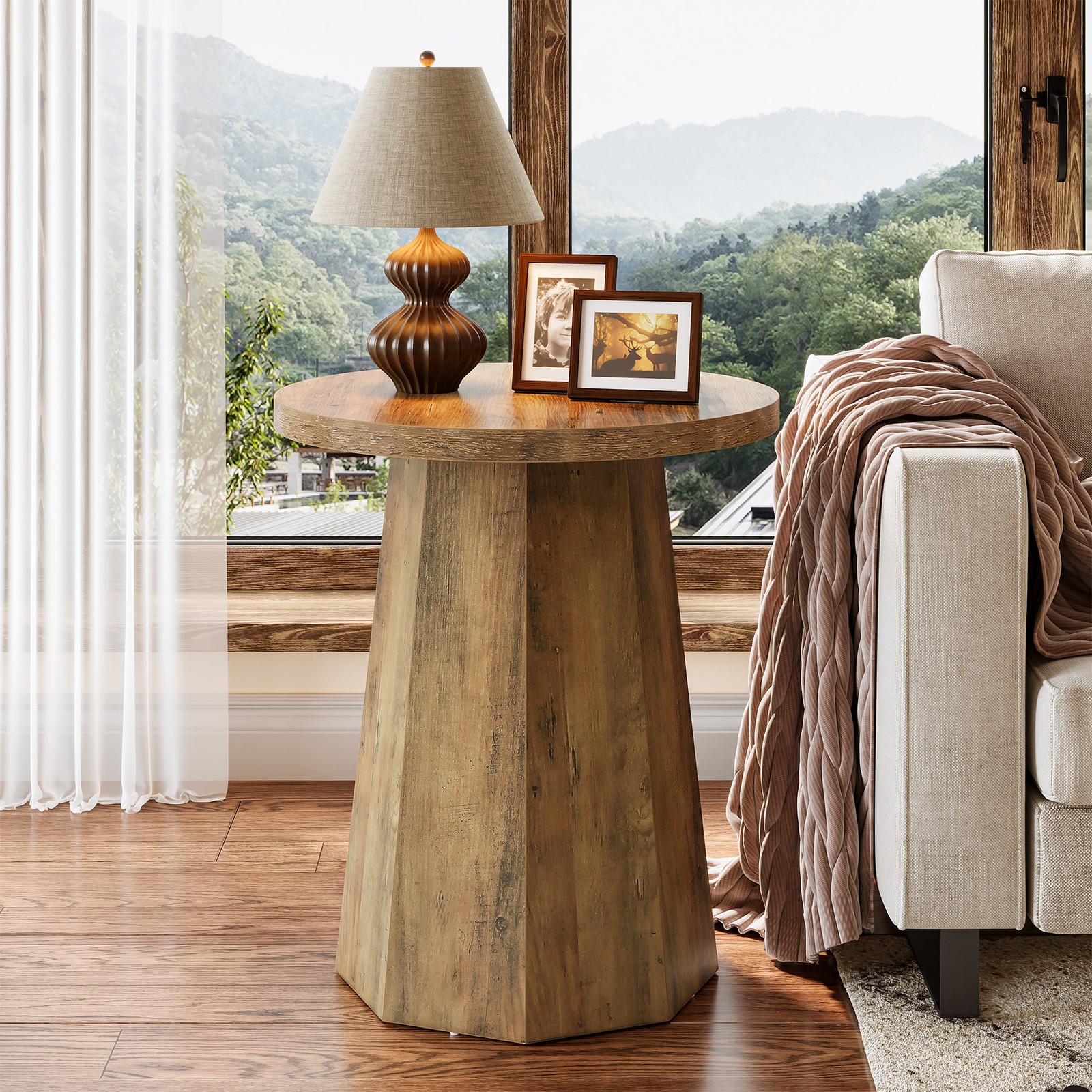 Rustic Round Pedestal End Table, Farmhouse Couch Side Table with Octagonal Base