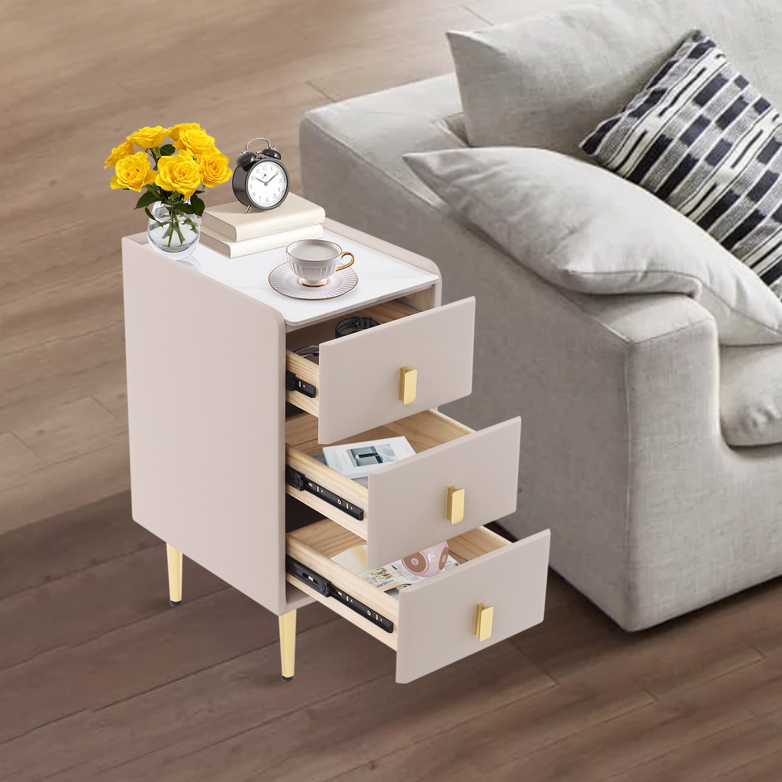 Modern Bedside Table – 3 Drawers, Solid Wood & Leather, Khaki & Gold Finish