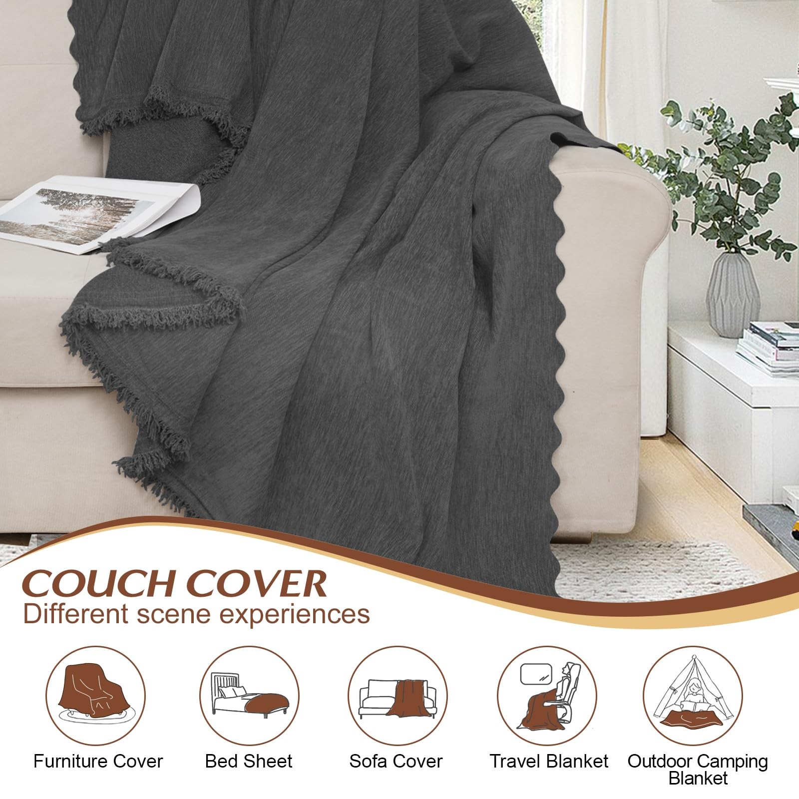 Sectional Couch Covers L Shape Sofa Cover Blanket 2 Pieces Chenille Soft Wash…