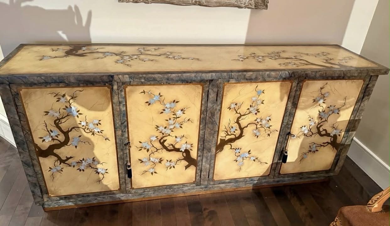 Rare Black Laquered Sideboard With 100+ Brass Inserts.Chinoiserie And Gold Leafs