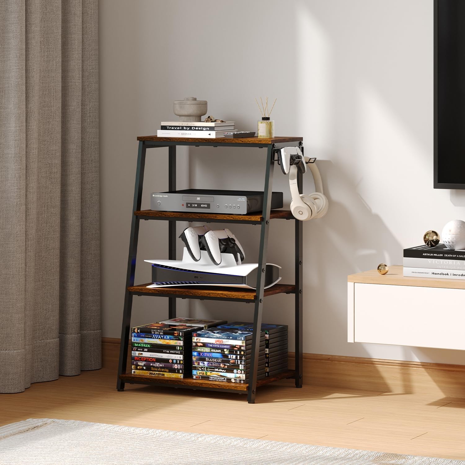4-Tier AV Media Stand with 2 Hooks,Heavy Duty Stereo Cabinet Furniture-Large …