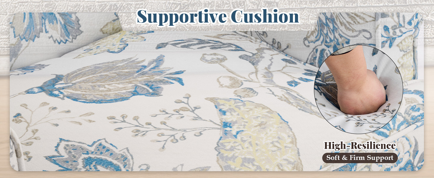Floral Accent Chair, Comfortable High Back Upholstered Armchair with Solid Wood