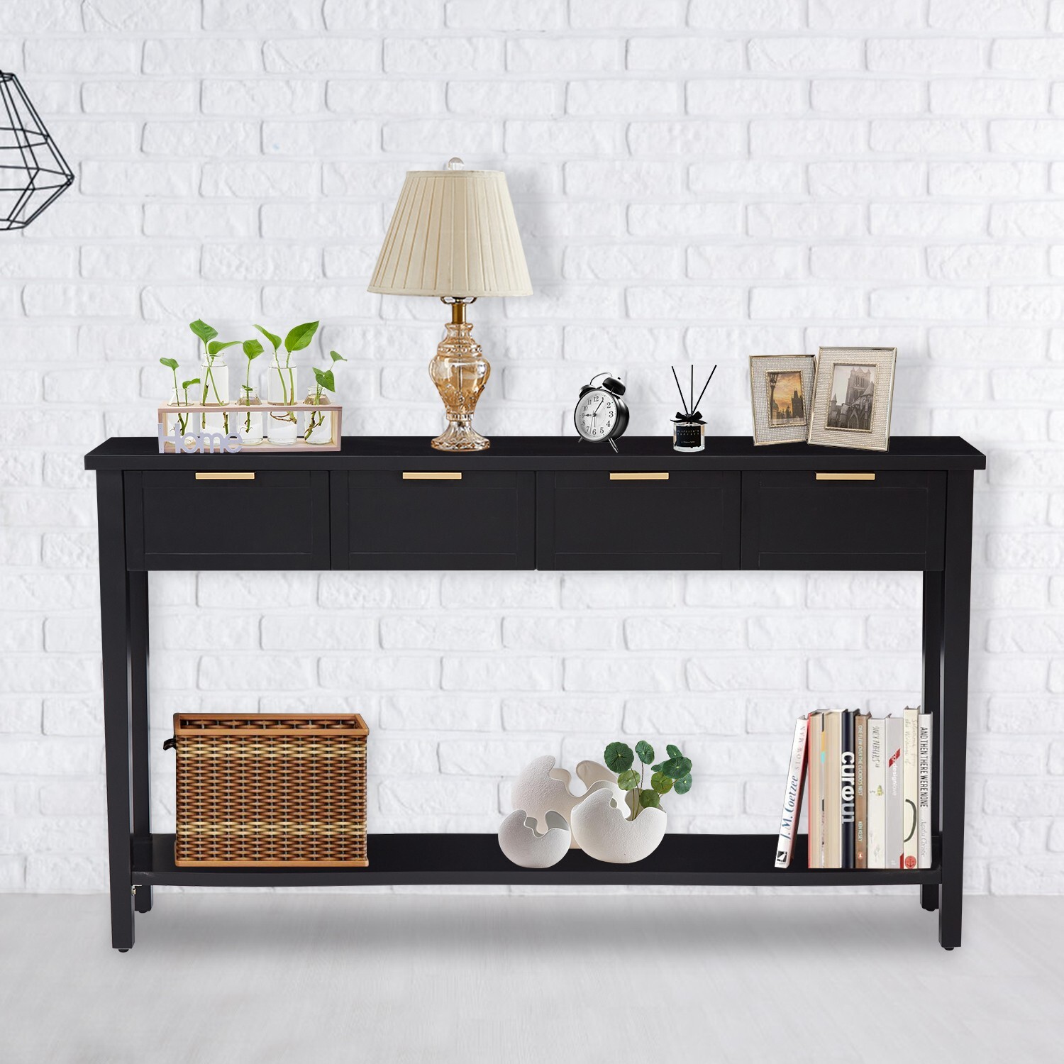 60 ” Long Sofa Table Rustic Entryway Console Table w/ 4 Drawers & Storage Shelf