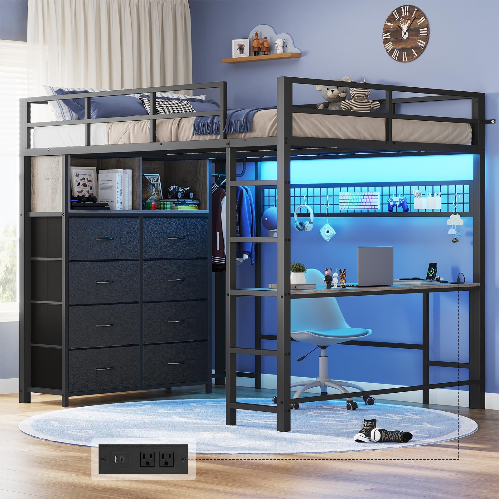 Bed Full Size with Desk and 8 Storage Drawers, LED Metal Loft Bed