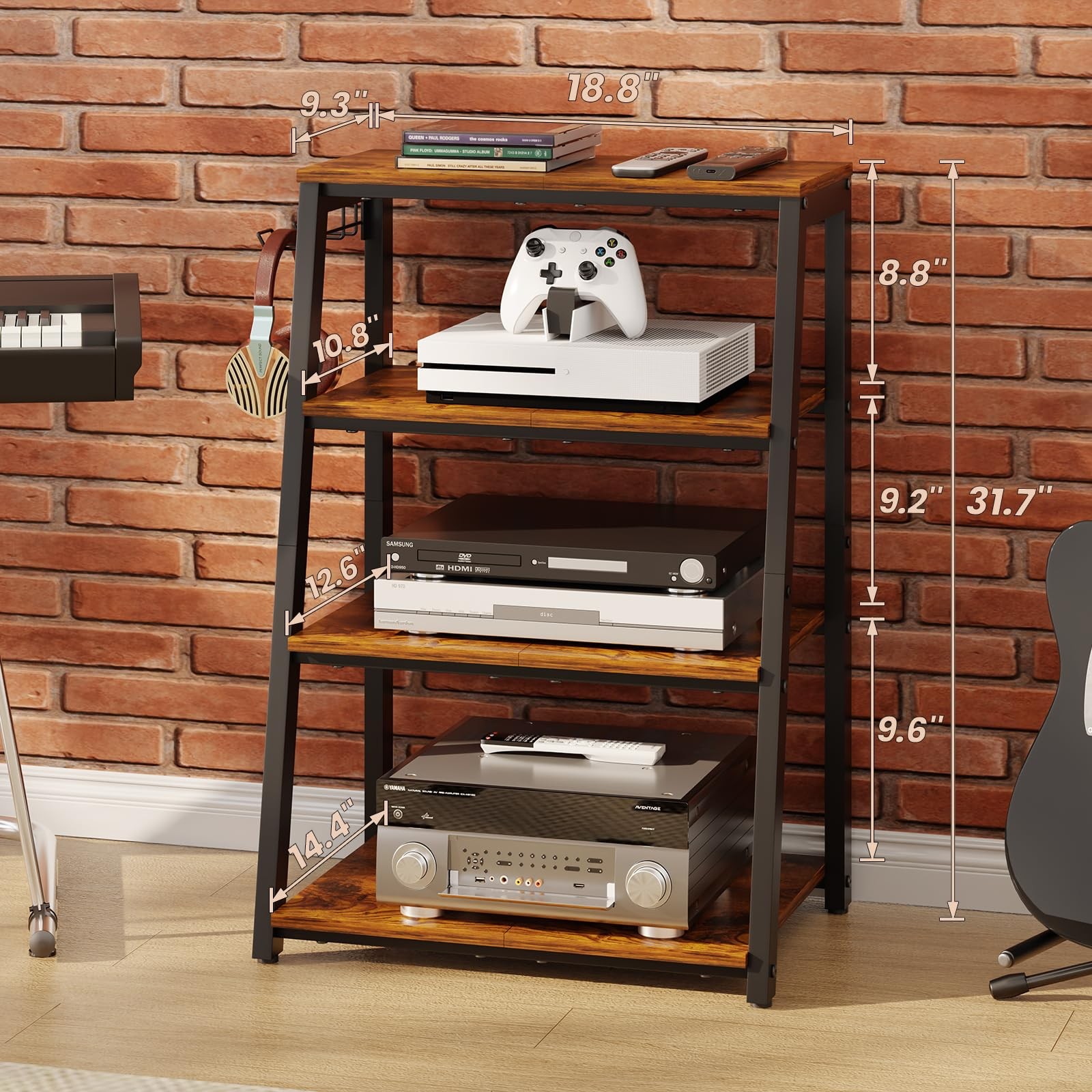 4-Tier AV Media Stand with 2 Hooks,Heavy Duty Stereo Cabinet Furniture-Large …