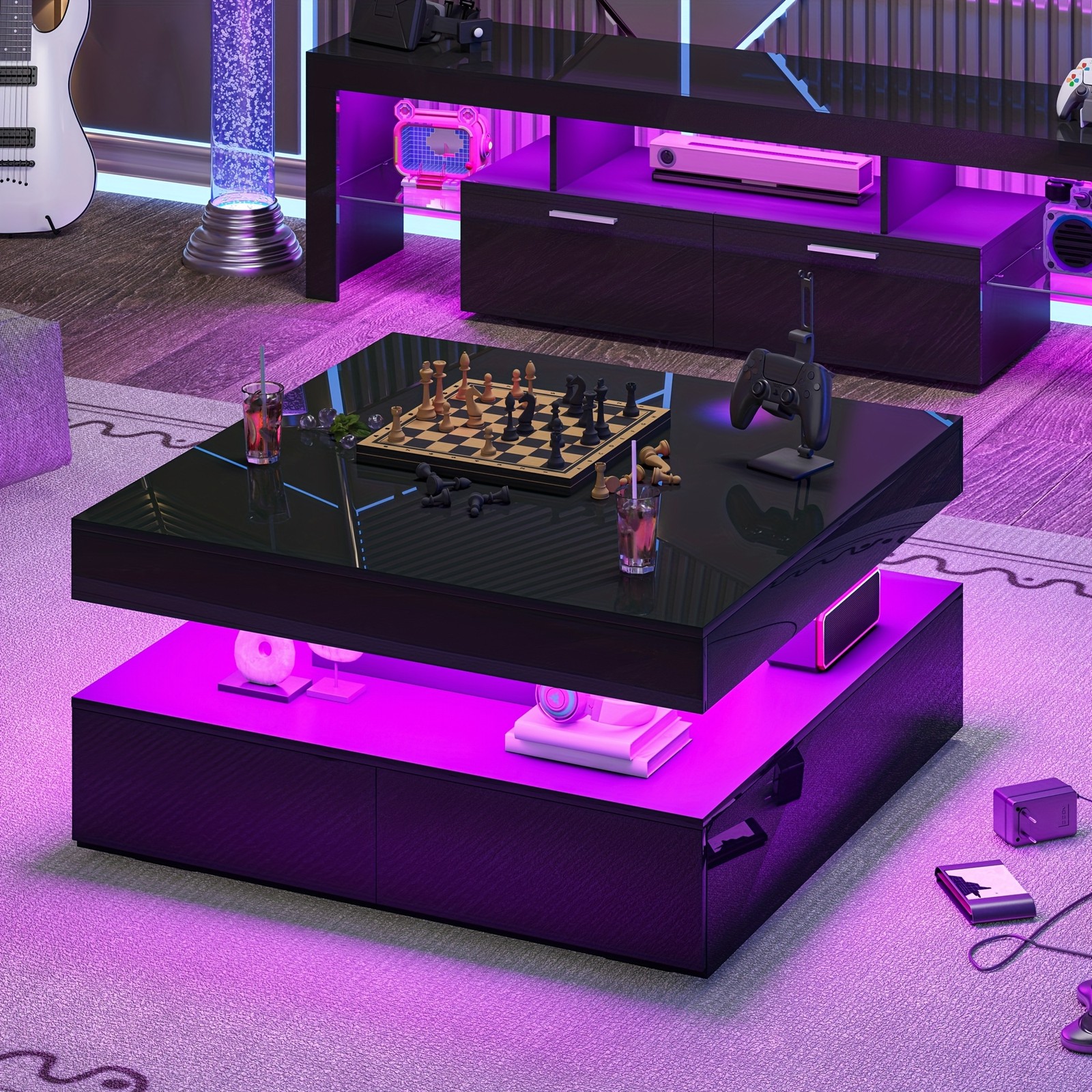 30.7″ White LED Coffee Table, High Gloss Square, 2 Drawers, Modern Center