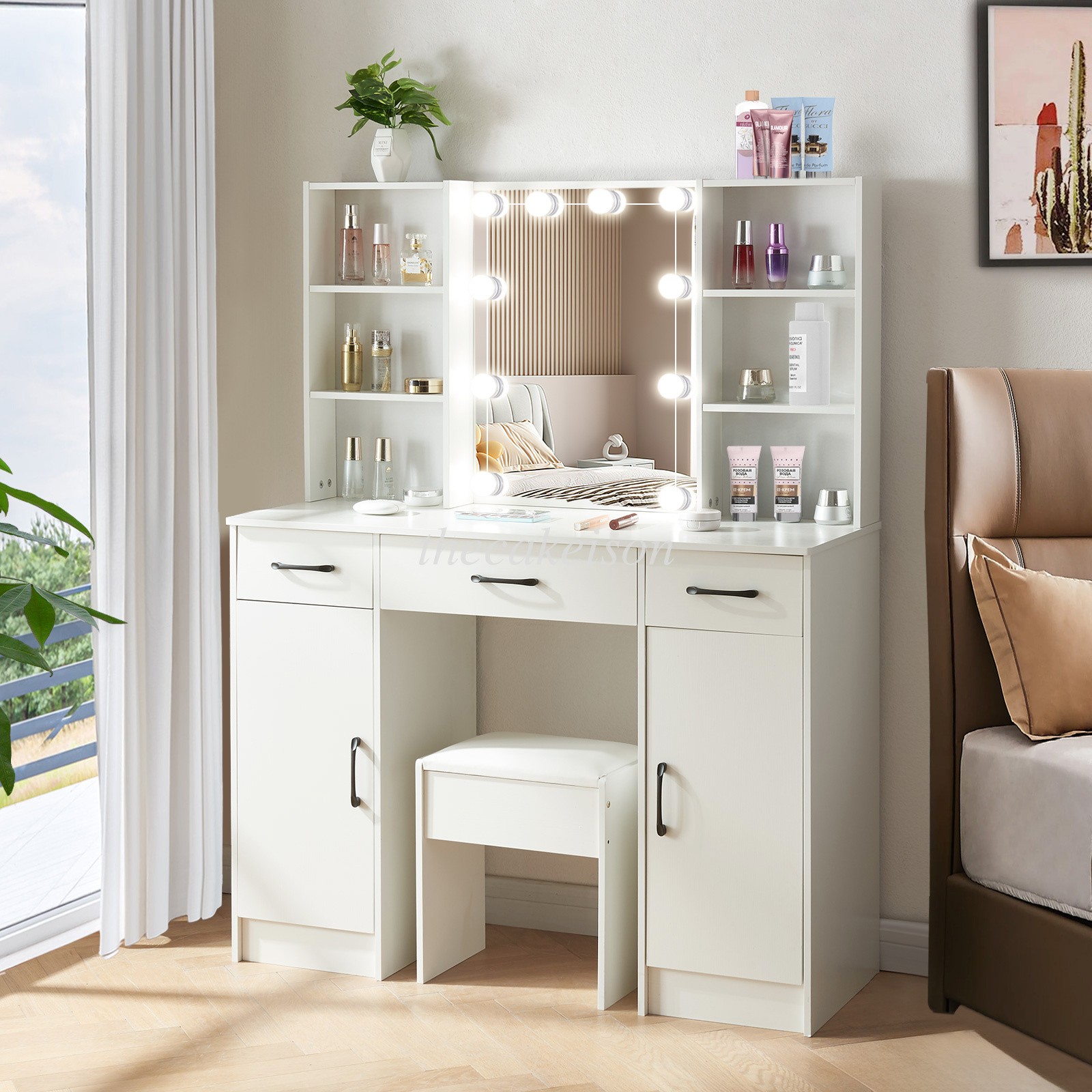 Vanity Set Makeup Desk with LED Lighted and 3 Drawers Dressing Table +LED Table