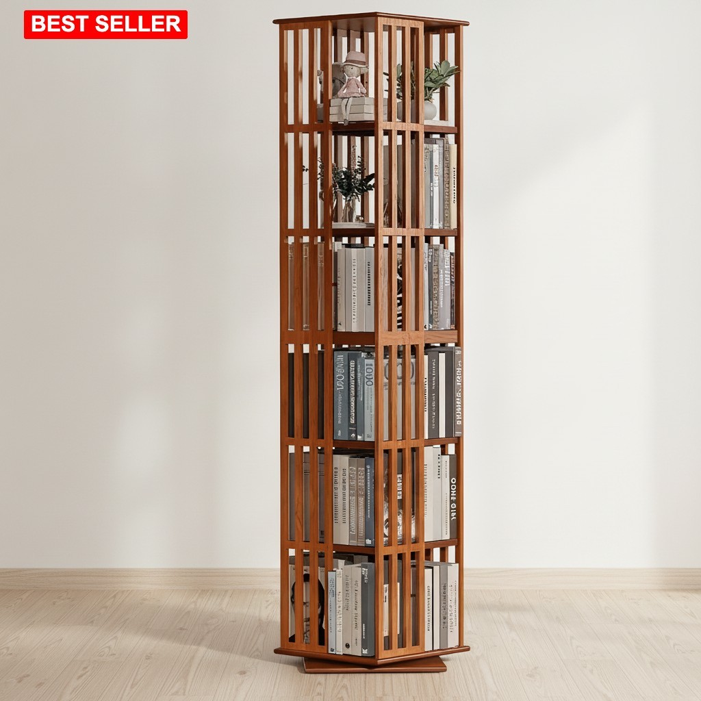 Bookshelf 6 Tier Rotating Walnut Bamboo Capacity 1200 Lbs Space Saver