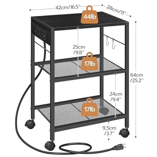 Industrial Printer Stand, 3-Tier Mobile Printer Table, Rolling Cart with Black