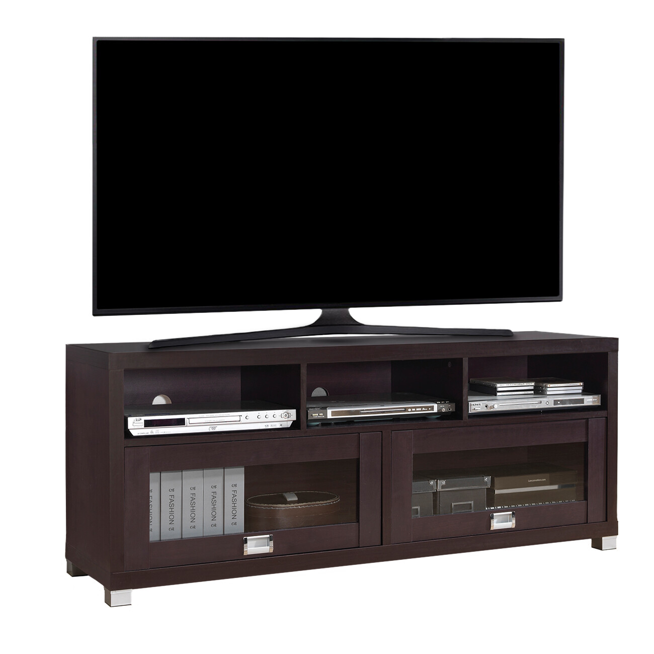 Espresso Brown Wooden Glass TV Stand Entertainment Center Media Storage Cabinet