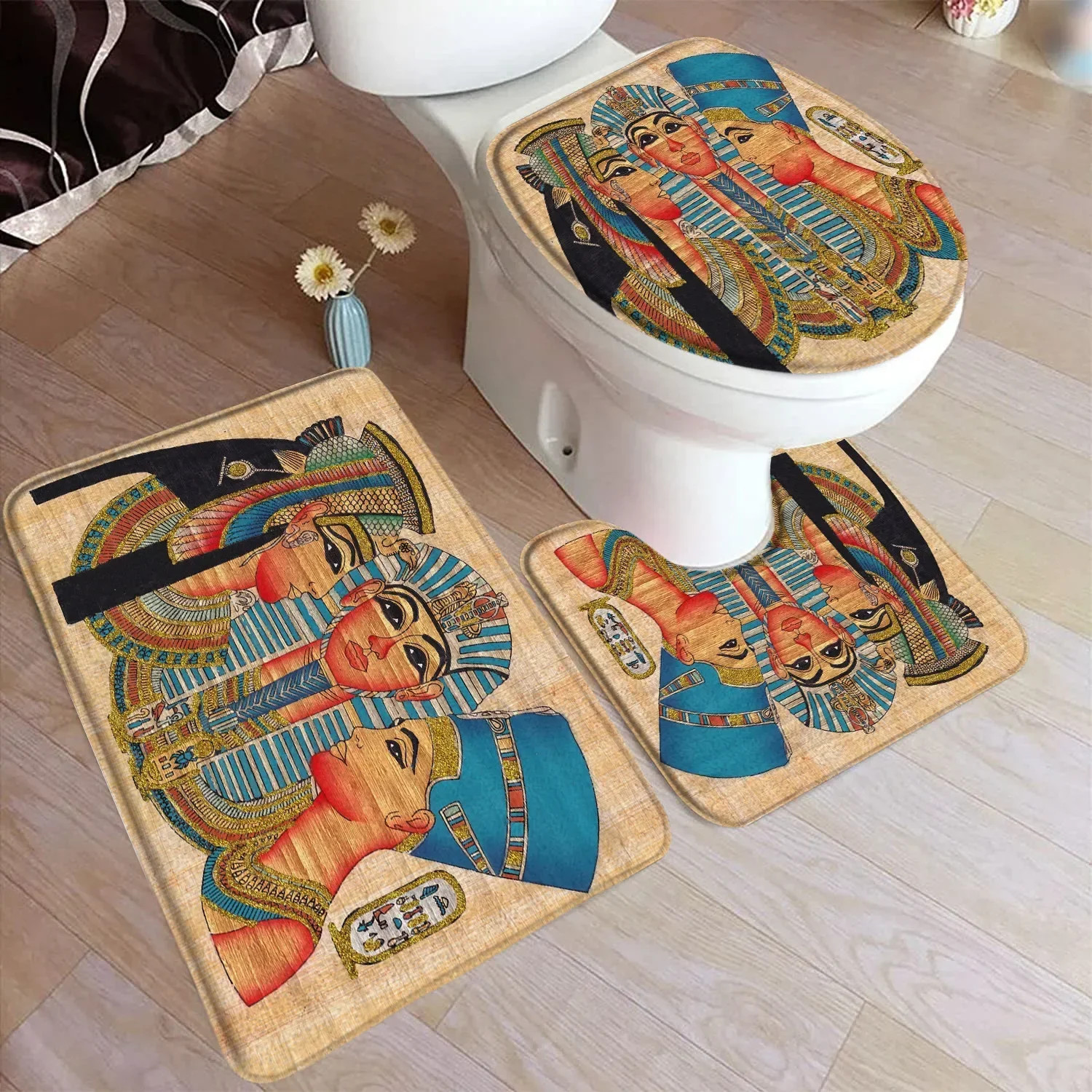 Vintage Egypt Bath Mat Set Pyramid Hieroglyphic Bathroom Rug Carpet Decor
