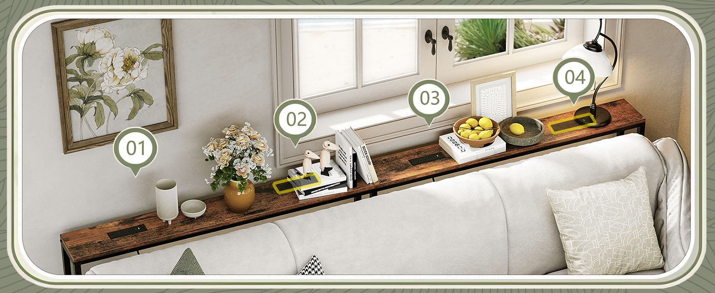 110.2″ Behind Couch Table Adjustable Height 23.8~34.8″ with 2 Charging Stations,