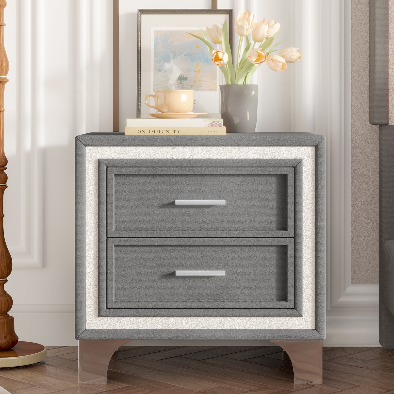Gray Velvet Nightstand with 2 Drawers, 21.8″L x 15.9″D x 21.7″H