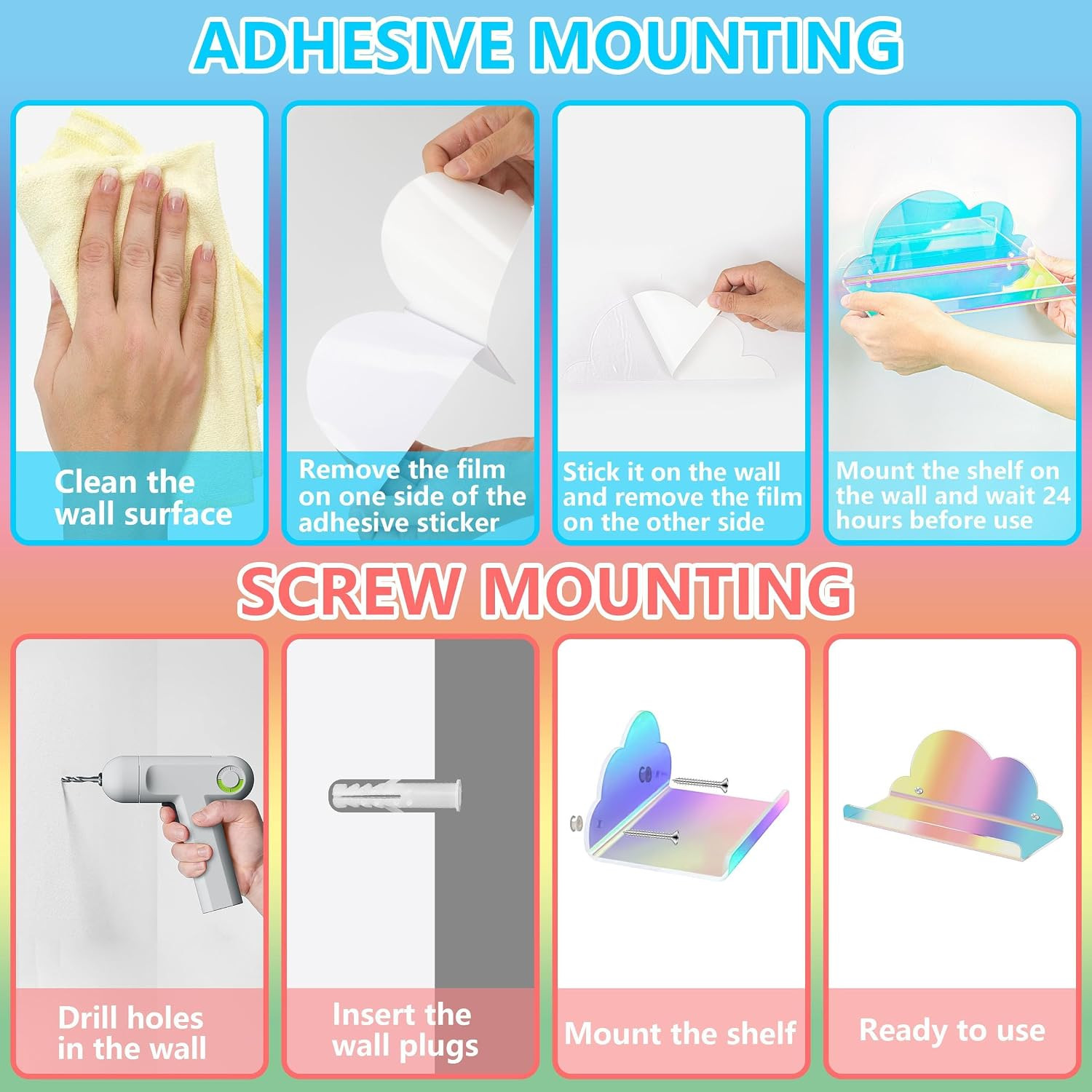 2Pcs Cloud Mini Iridescent Floating Shelves with Sticker & Screws | Acrylic Wall