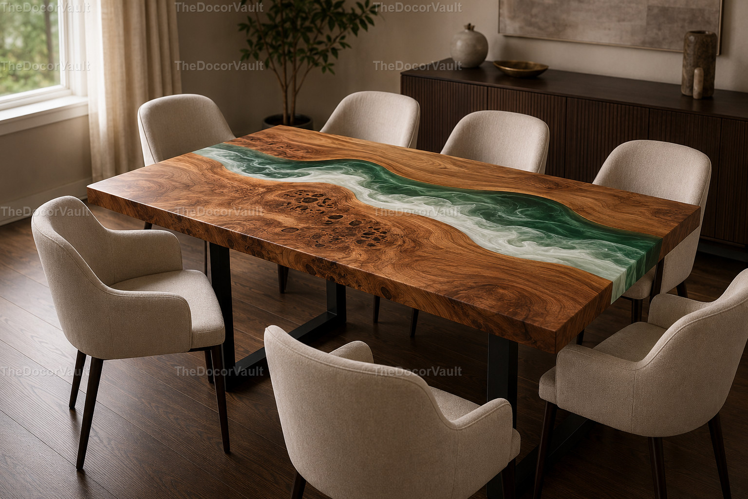 Handmade Green Epoxy River Dining Table Top Live Edge Walnut Wood Custom table