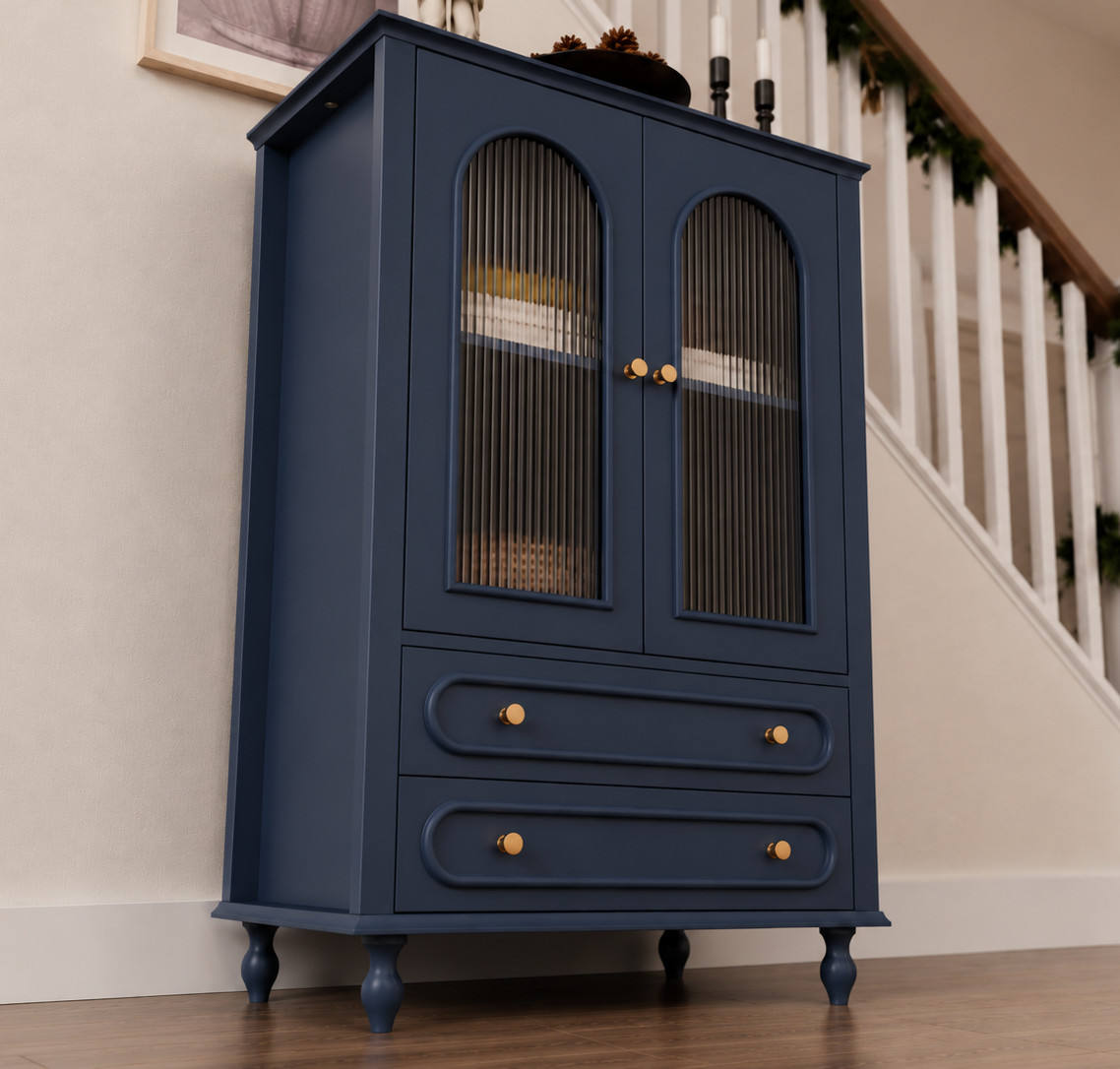 Tall Navy Blue Curio Display Storage Buffet Cabinet Glass Doors Accent Chest