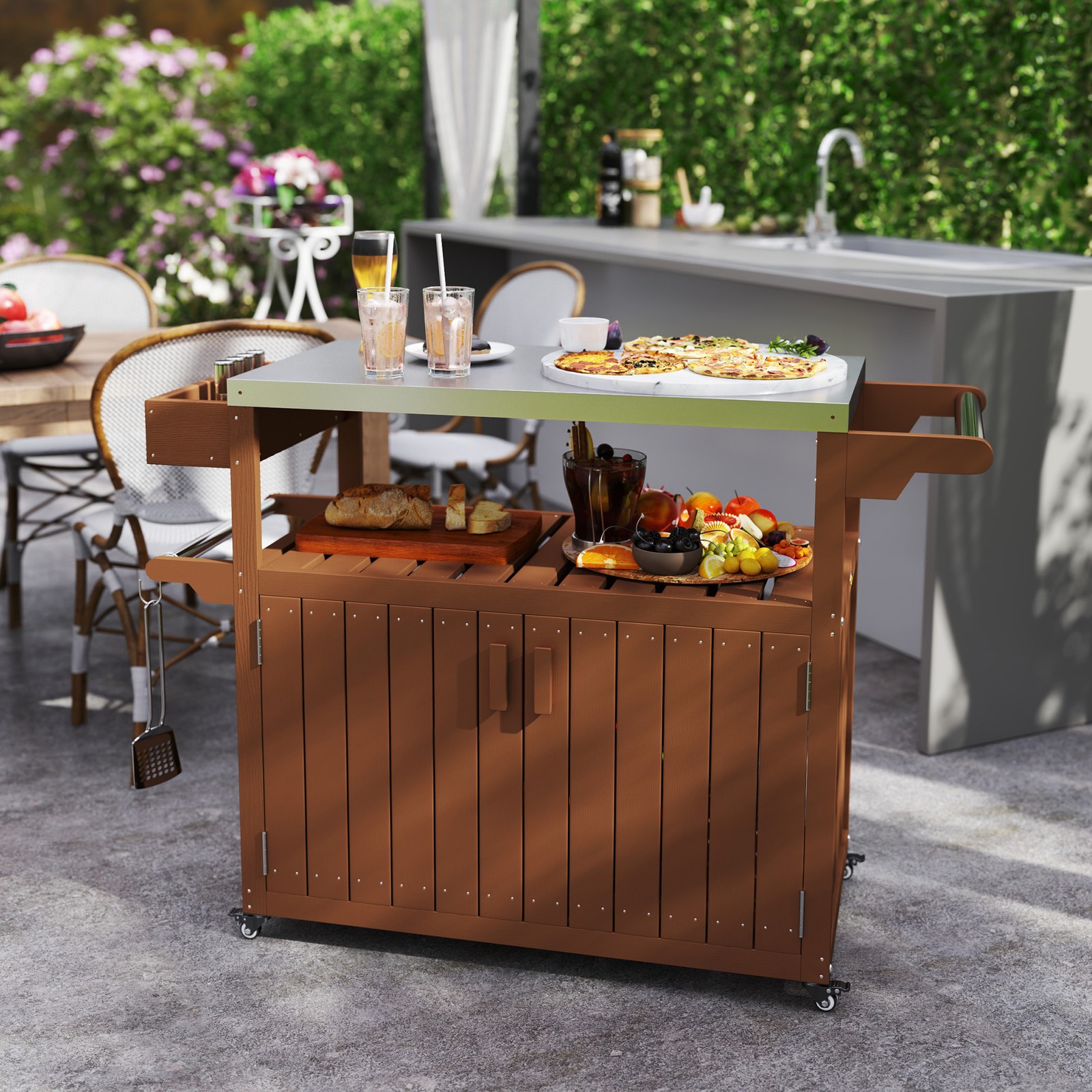 Outsunny Outdoor Bar Cart with Storage, HDPE Outdoor Kitchen Cart, Brown