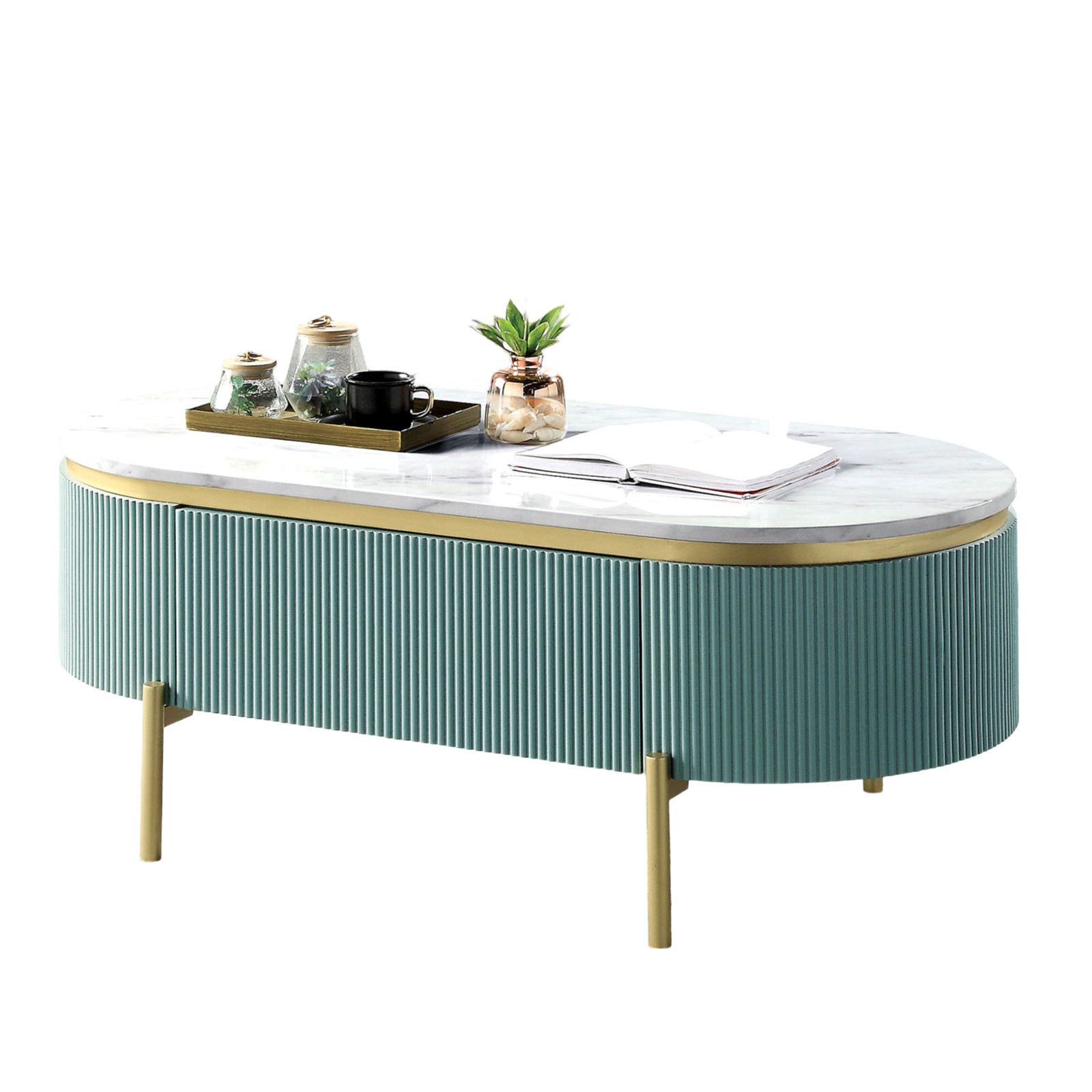 Modern light blue-green coffee table, white artificial marble top, W drawers