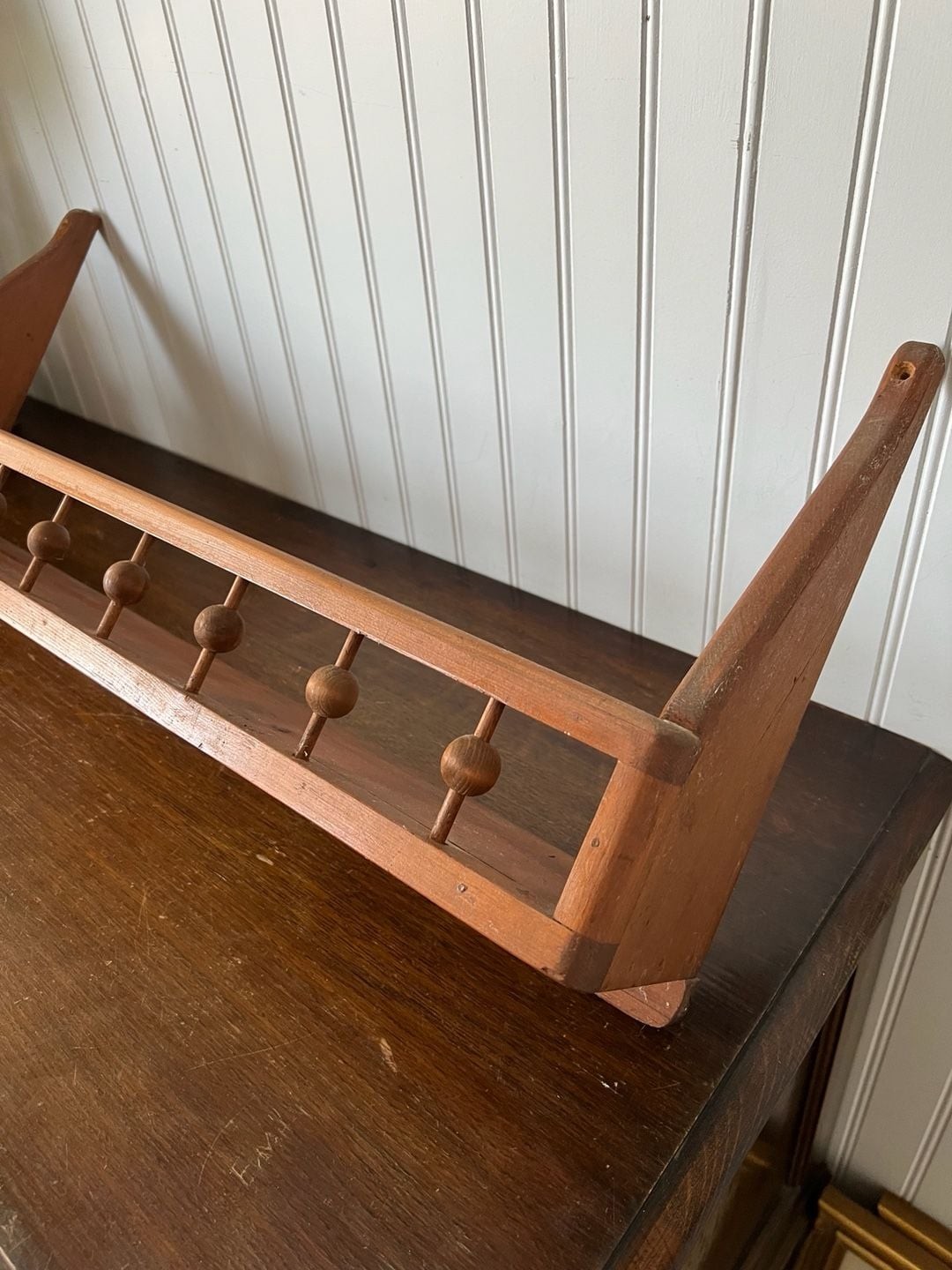 Vintage Wooden Wall Shelf with Spindle Gallery and Hooks