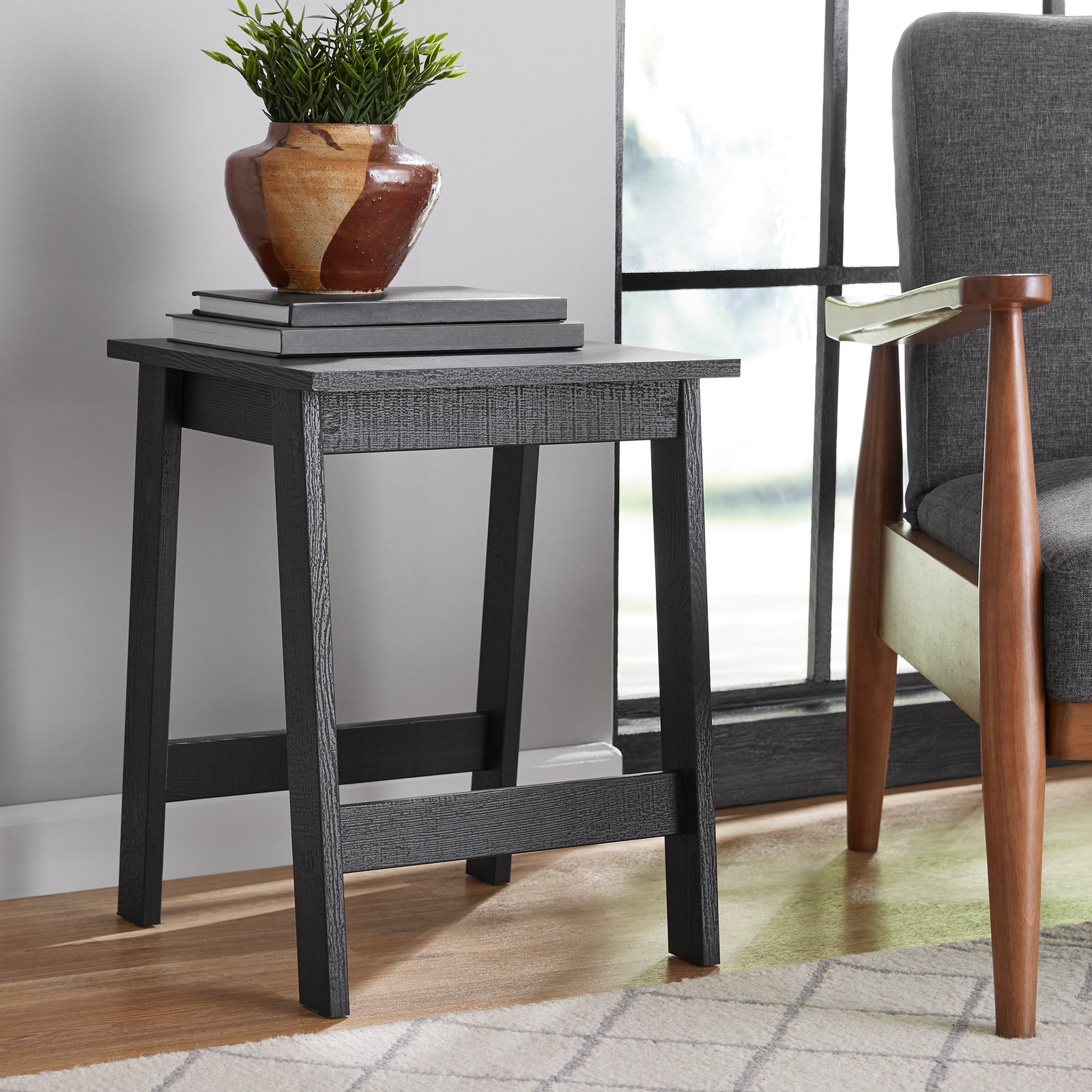 Small Square Black Wood Side Table, Compact End Table for Living Room Sofa Decor