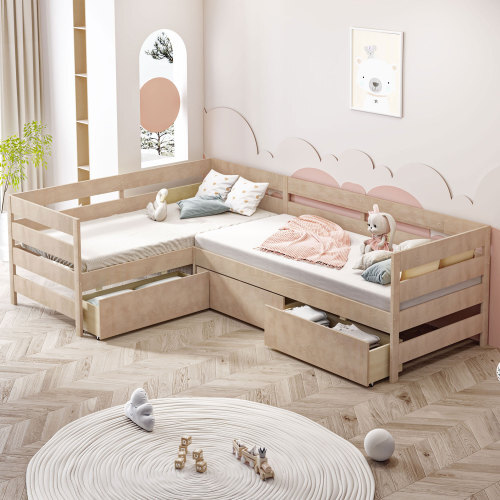 L-shaped Platform Bed Frames with Storage Drawers Solid Wood Twin Bed Corner Bed