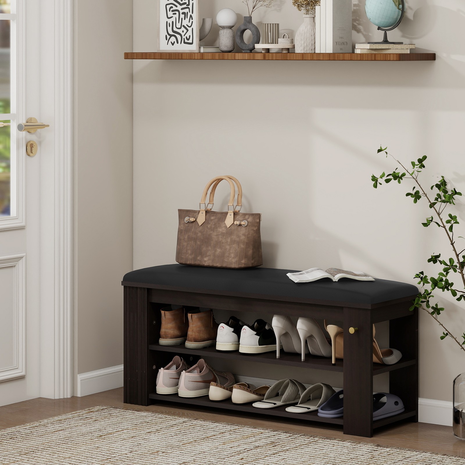 Entryway Bench: PU Leather Storage Seat with Shoe Rack & Hooks | Hallway Stool