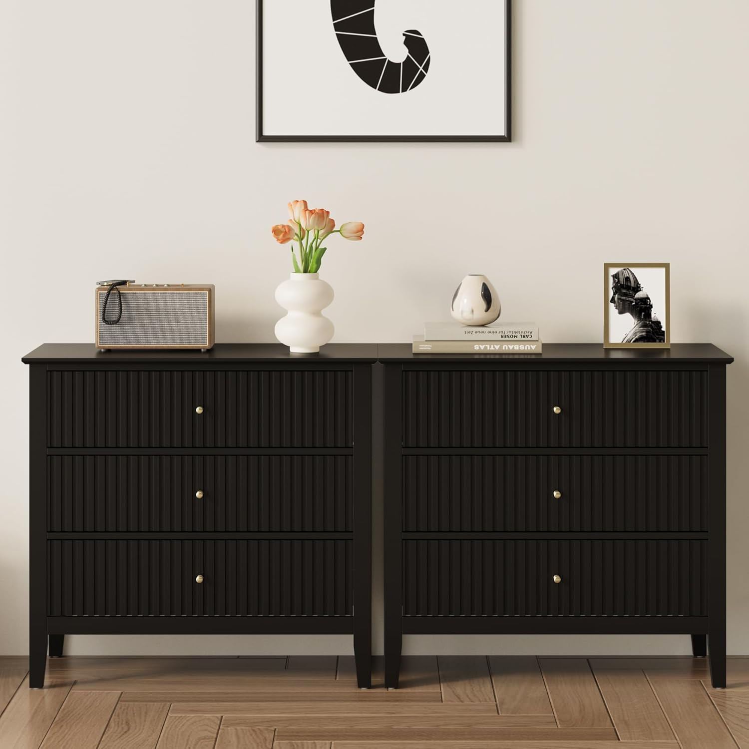 32″ Large Nightstand Set of 2, Fluted Painted Bedside Table with 3 Spacious Draw