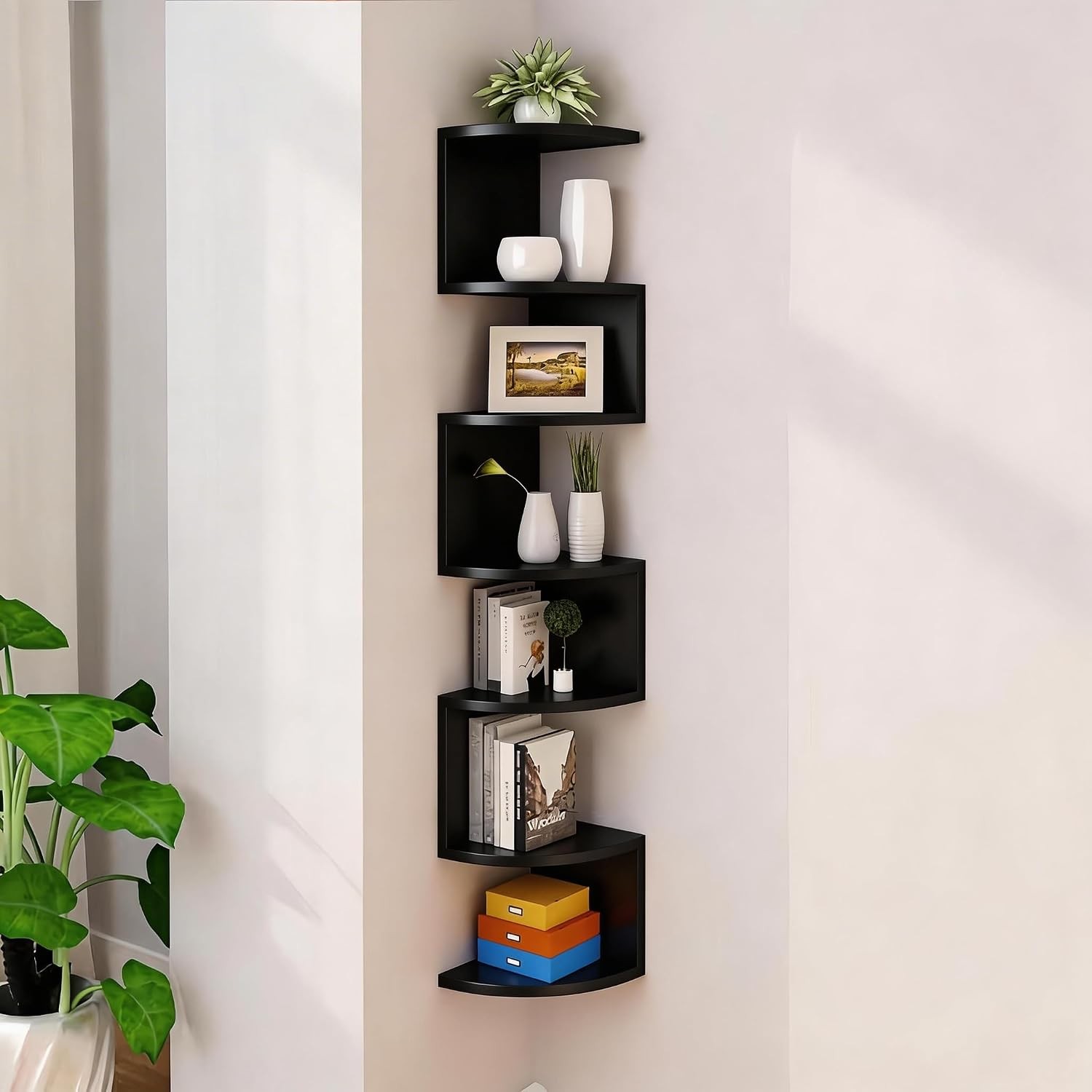 5-Tier Corner Shelf Wall Mount Floating Bookshelf Zigzag Storage Rack