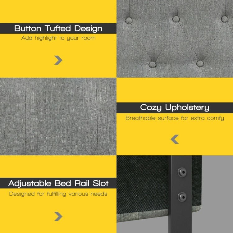 Queen Size Modern Upholstered Tufted Headboard Bed Adjustable Height Light Gray