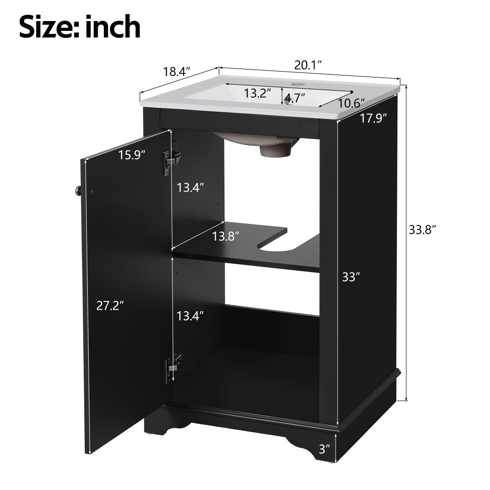 Ceramic Sink Bathroom Vanity Features Soft-Close Doors Adjustable Shelving