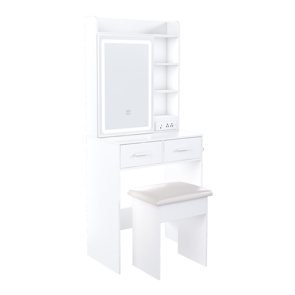 Space-Saving Vanity Table LED Mirror Built-in Power Outlet with Cushioned Stool
