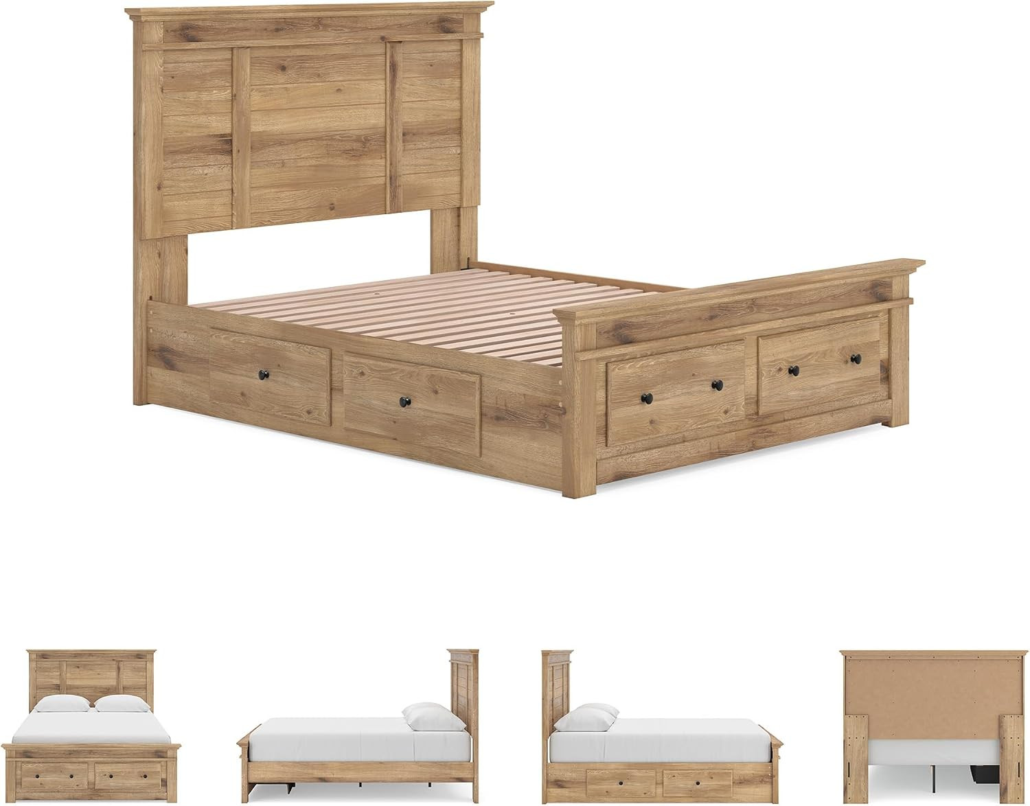 Ashley Fenderport Queen Bed Frame with Headboard & Storage Drawers, Natural Brow