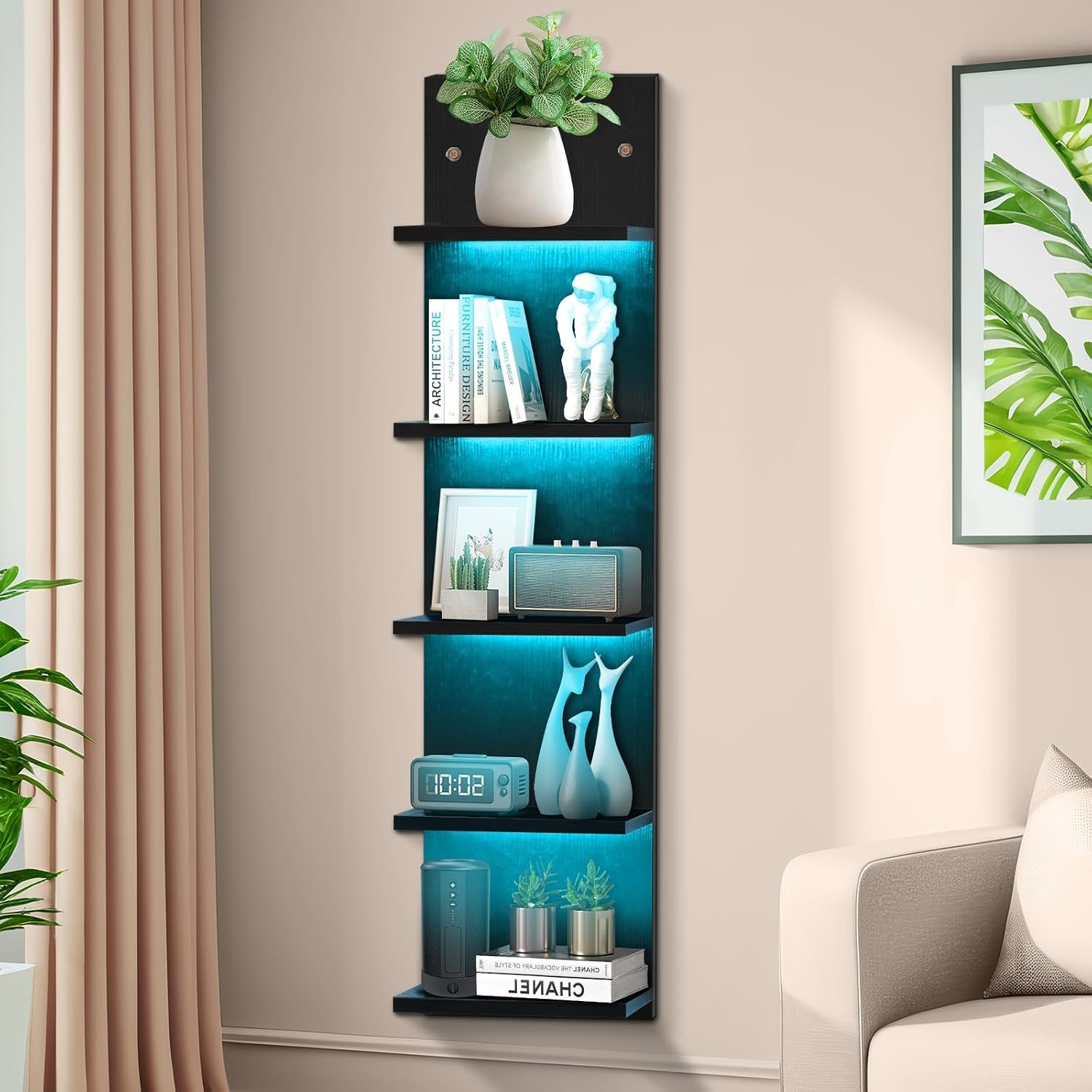 Black 5 Tier Display Shelf Case with Lights LED Wall Mount Vertical Lack Shelf