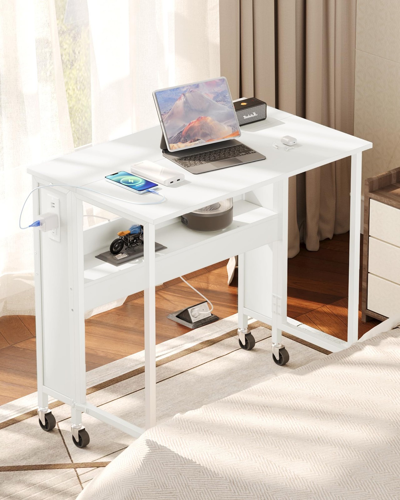 CHOEZON 31.5″ Modern White Folding Computer Desk with Power Outlets, Wheels, …