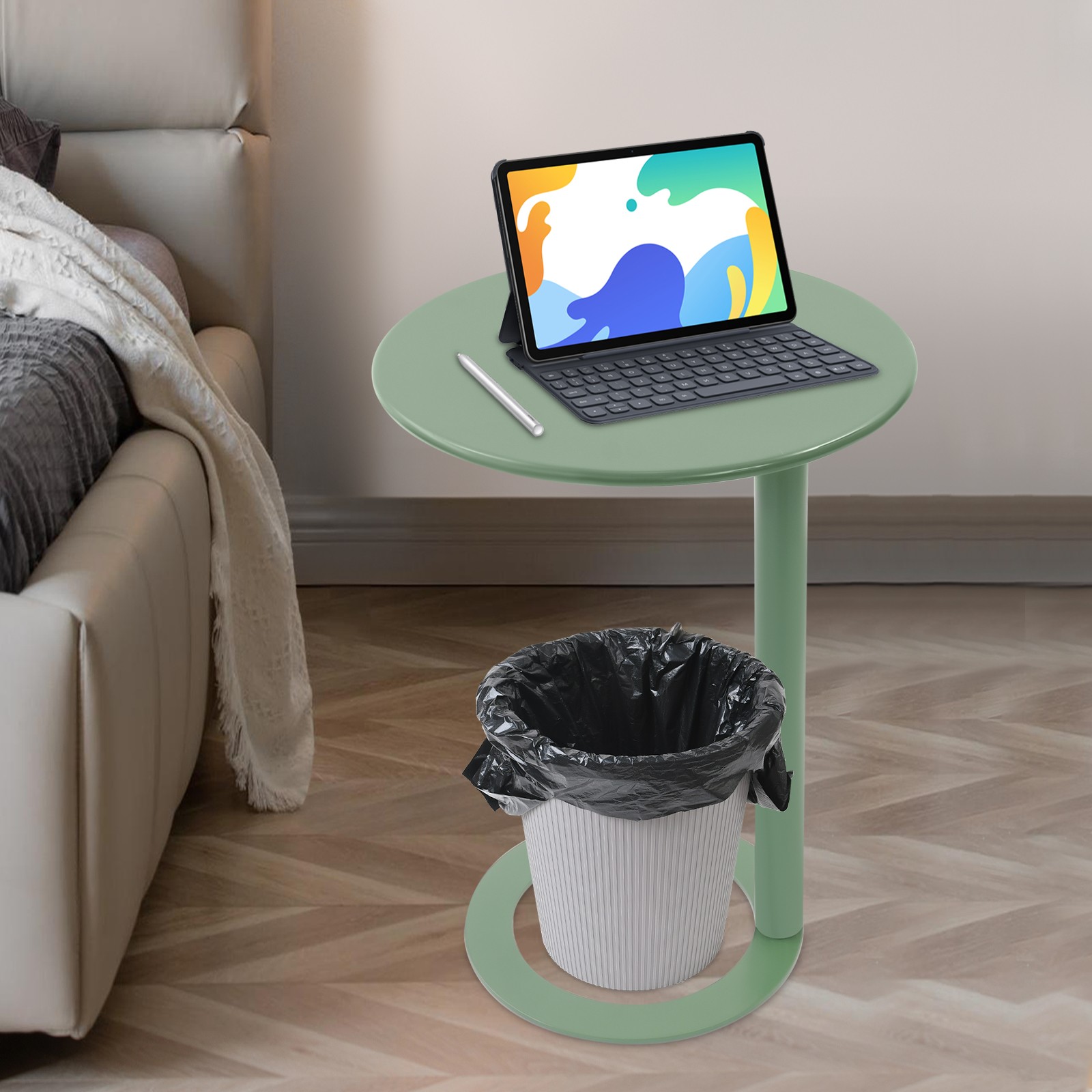 Round C-Shaped Side Table Stable O-Base Heavy Duty for Indoor Small Spaces