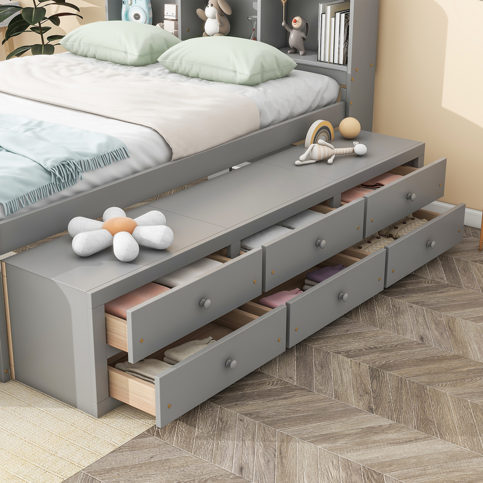 Wooden Full Size Bed Frame with Bookcase Storage Headboard and Drawers/Case Gray