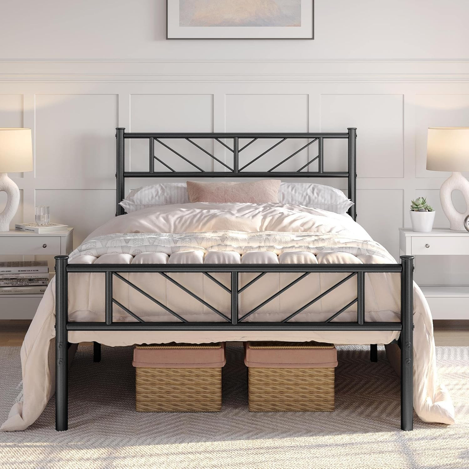 Twin Size Platform Bed Frame with Arrow Design Headboard, 13 Inches Metal Mattre