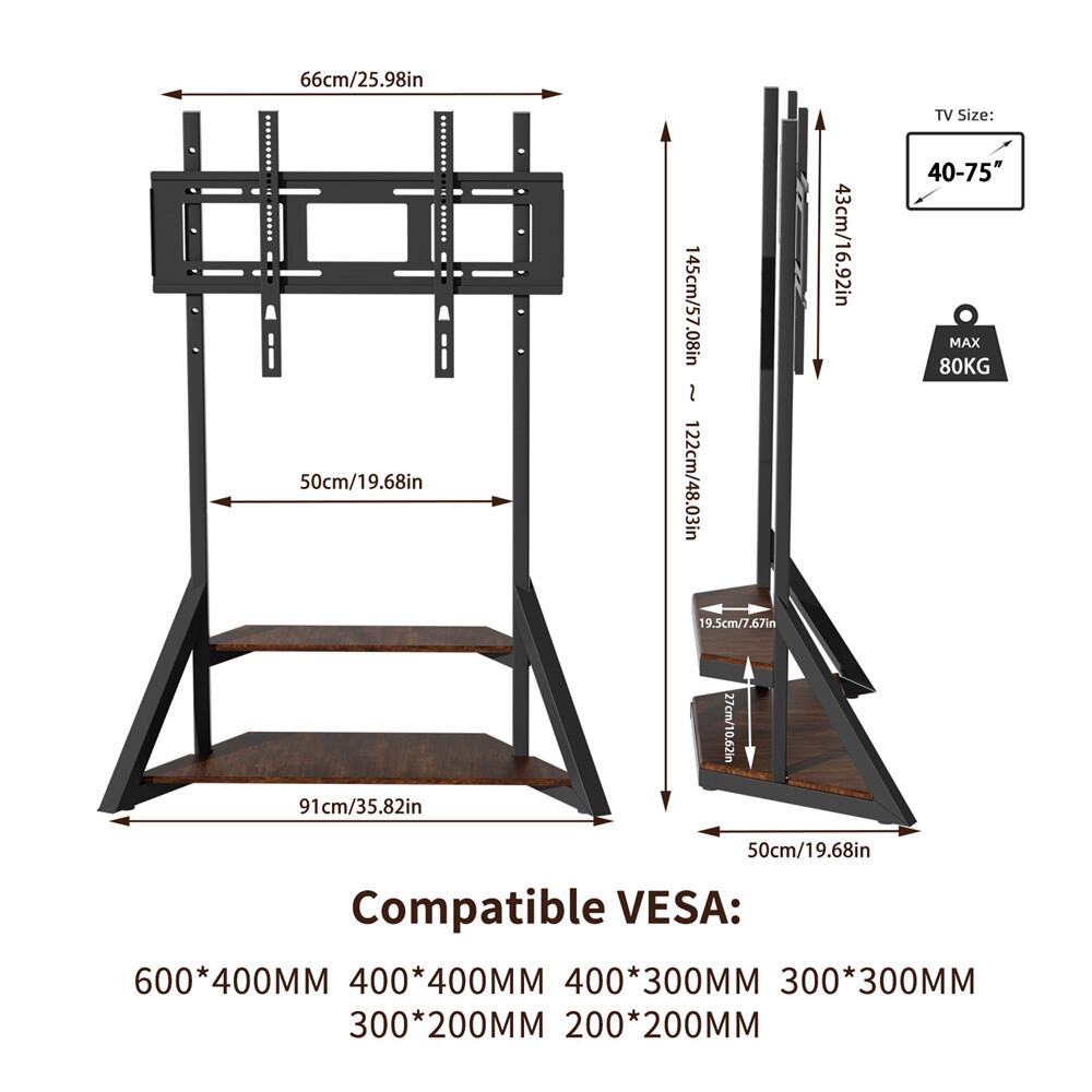 40-75″ Universal TV Floor Mount Stand w/ Shelves Height Adjustable Holds Up 80kg
