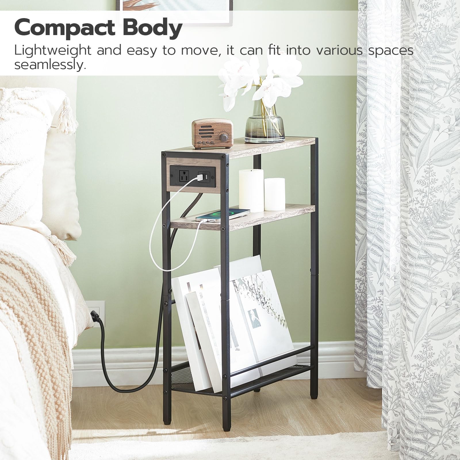 Small Narrow Side Table with Charging Station, Skinny End Table for Small Spa…