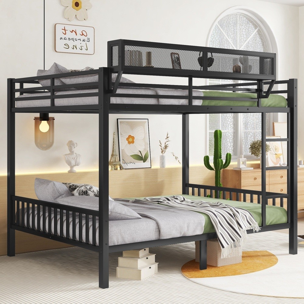 Queen Over Queen Metal Bunk Bed with Ladder and Storage Shelf for Adults Teens