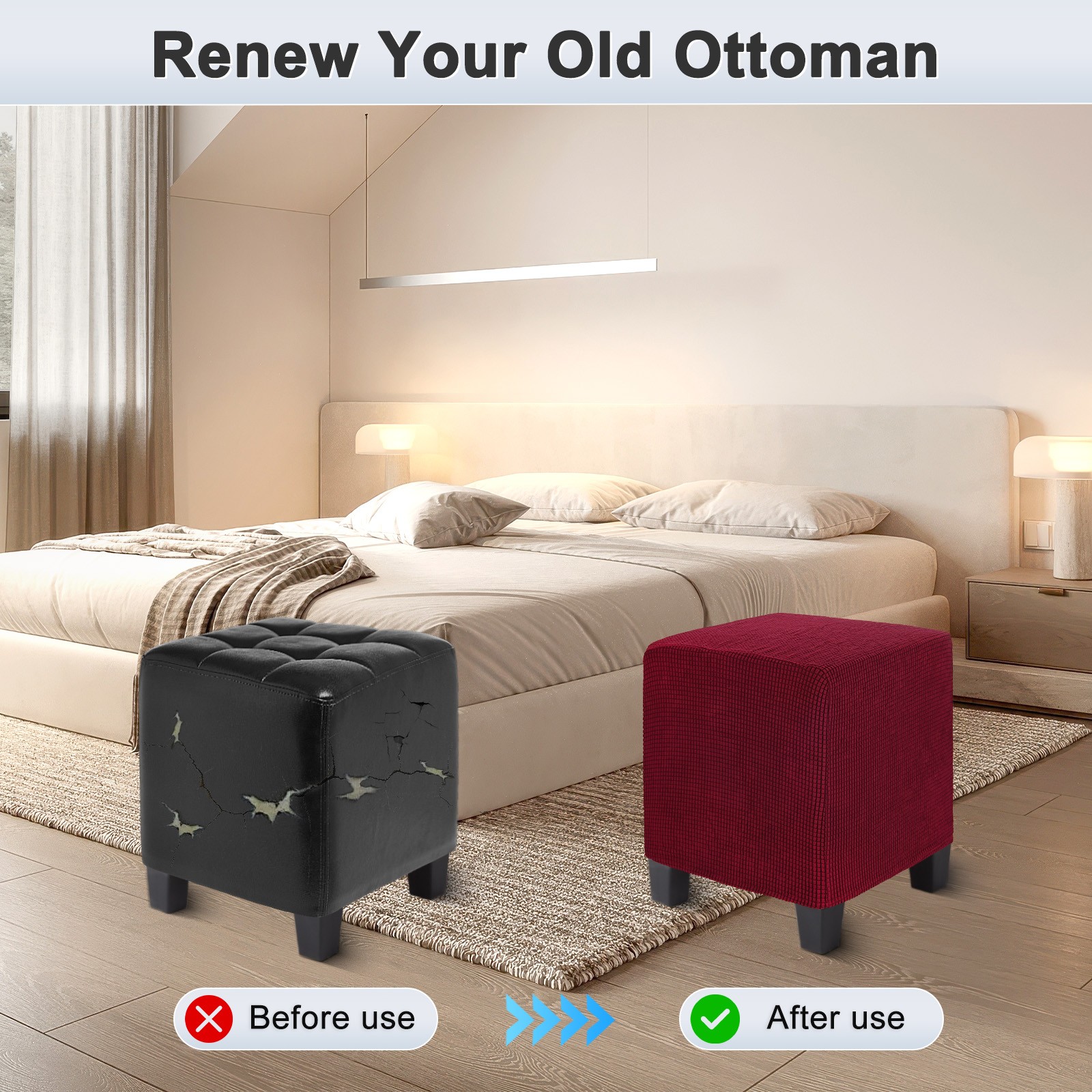 1-Pack 13″x13″x15″ Stretch Square Ottoman Slipcovers Footstool Protector Wine