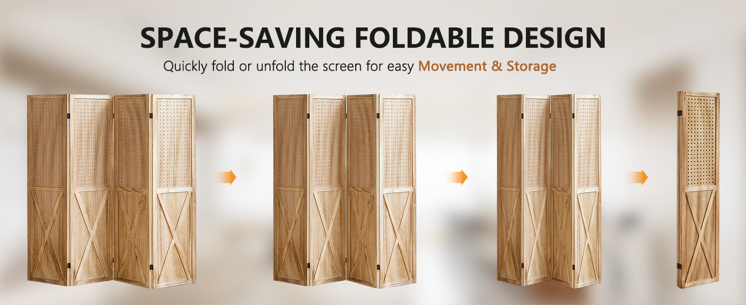 Pegboard Display 4 Panel Room Divider, Peg Board Divider Panel, 5.6Ft Wood