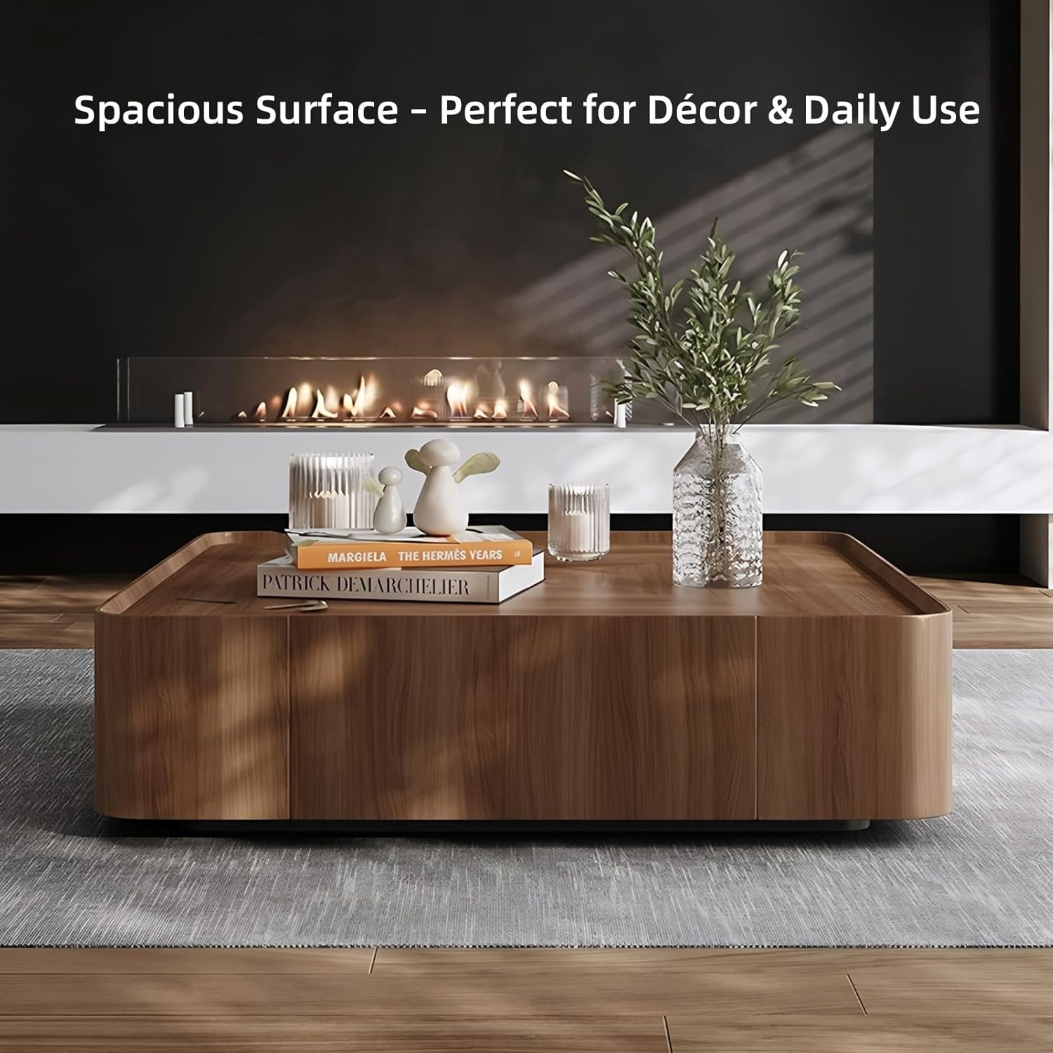 Solid Wood Coffee Table with Hidden Drawer, Walnut Finish, 39.37 in