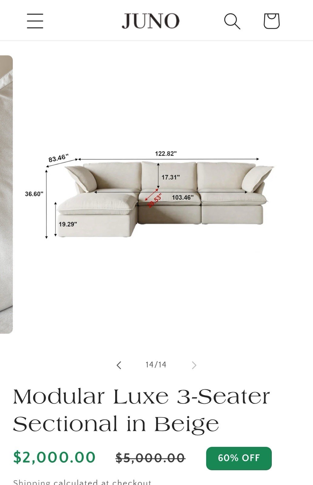 122” Brand New Cloud Couch with Chase That Serves As Storage As Well.