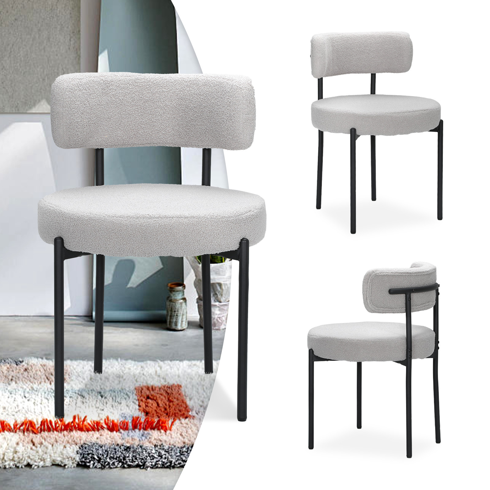Gray Boucle Fabric Dining Chair Kitchen Dining Room Accent Padded Chair，Set of 2