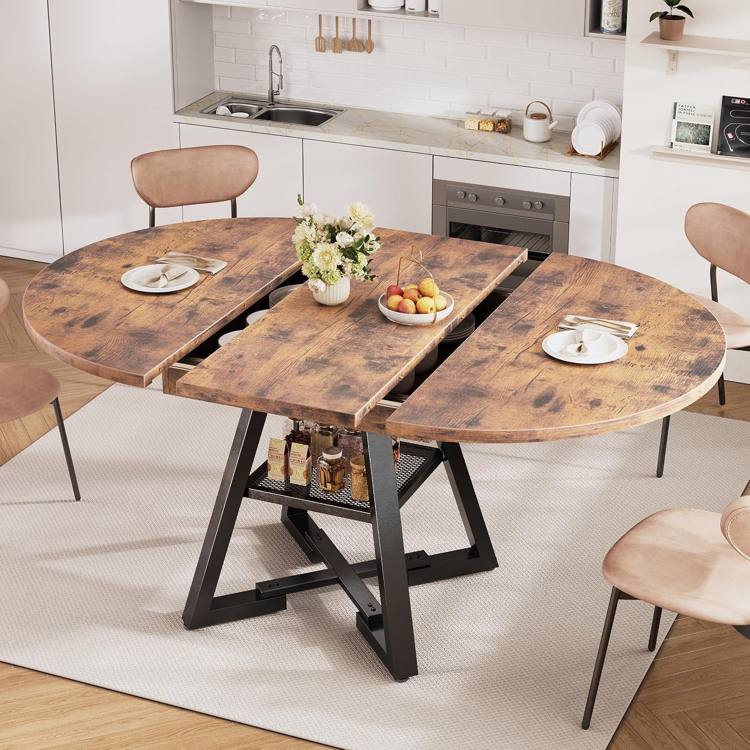 Round Oval Extendable Wood Dining Table for 6 Mesa Comedor Redonda Extensible