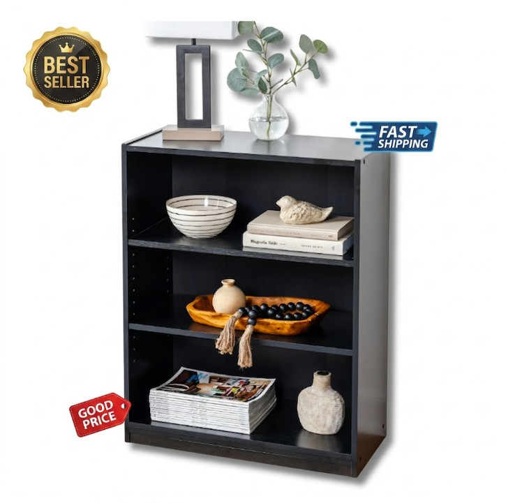 3-Shelf Bookcase Adjustable Shelves True Black Oak Storage Organizer