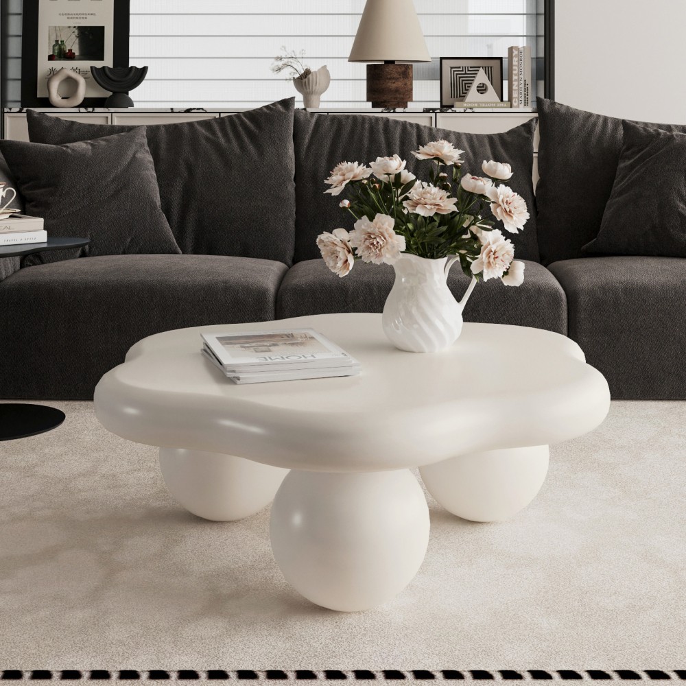 35″ Cloud Coffee Table Cream White Modern Minimalist Kid Pet Safe Small Spaces