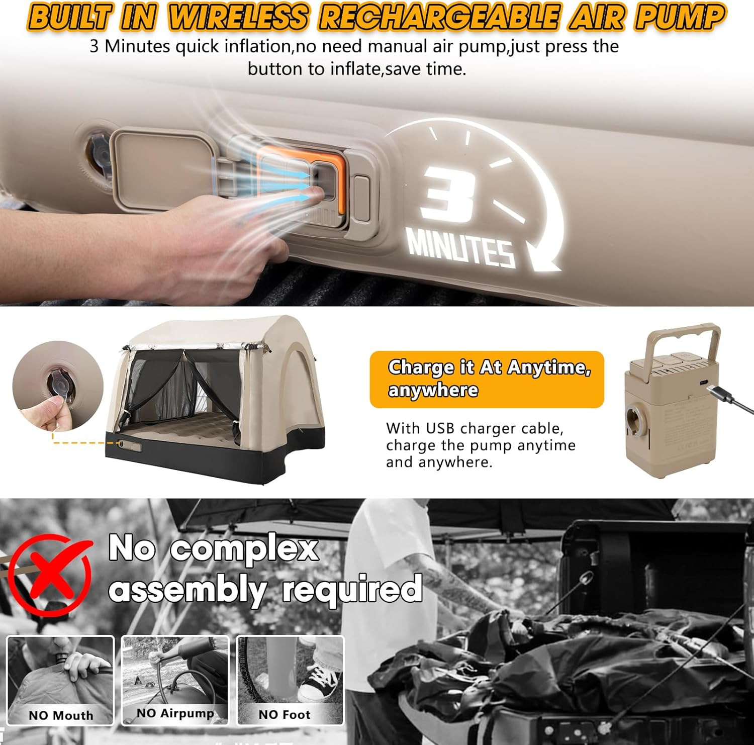 All-In-One Inflatable Truck Bed Tent with Mattress for 5.5-6.5Ft,Built in Wirele
